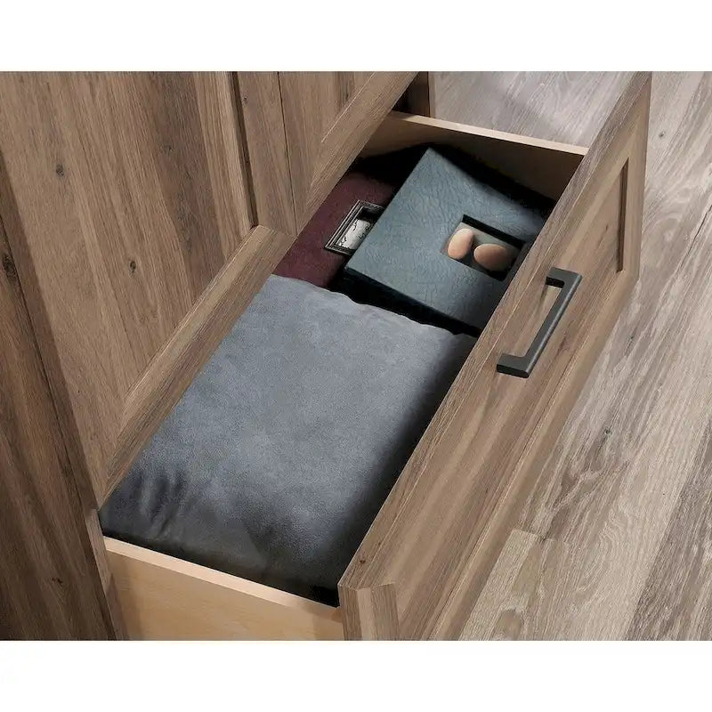 Meuble de rangement pour garde-robe avec tringle, étagère réglable et tiroir, Chêne Dakota / Chêne Sienna / Blanc doux / Chêne Salt, Style classique