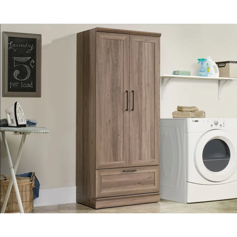 Meuble de rangement pour garde-robe avec tringle, étagère réglable et tiroir, Chêne Dakota / Chêne Sienna / Blanc doux / Chêne Salt, Style classique