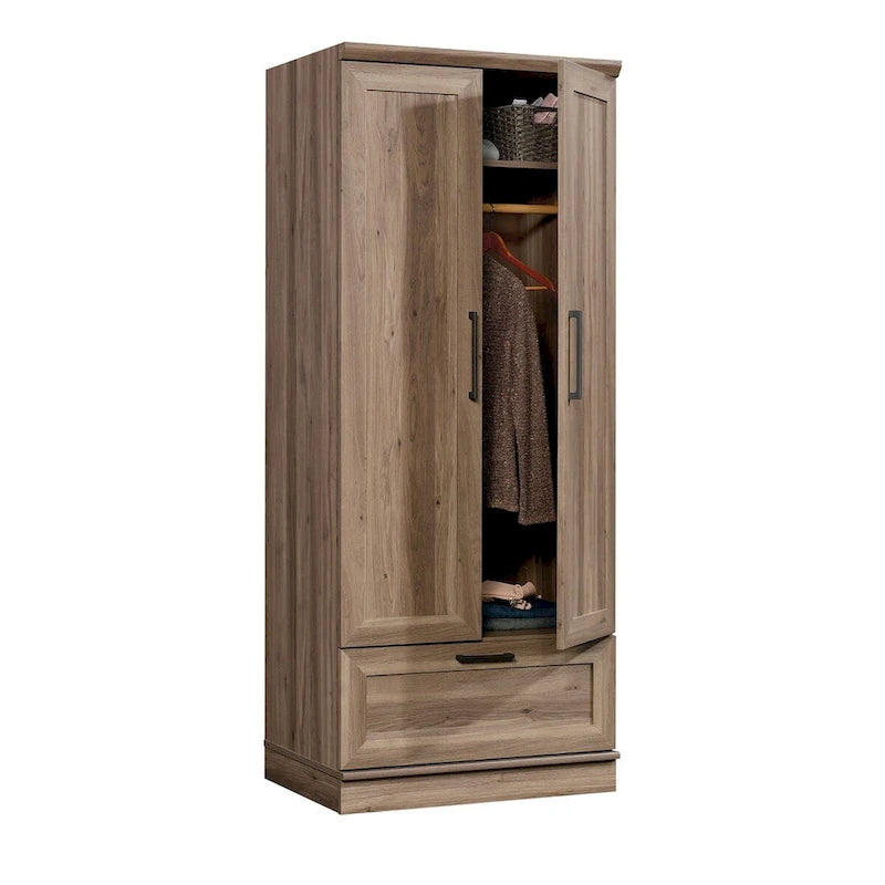 Meuble de rangement pour garde-robe avec tringle, étagère réglable et tiroir, Chêne Dakota / Chêne Sienna / Blanc doux / Chêne Salt, Style classique