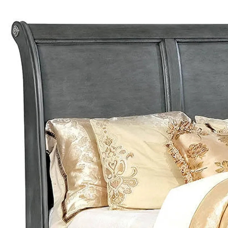 Lit de rangement en bois avec tête de lit traîneau et tiroirs de rangement, Gris, Style transitionnel, Grand, 2 places