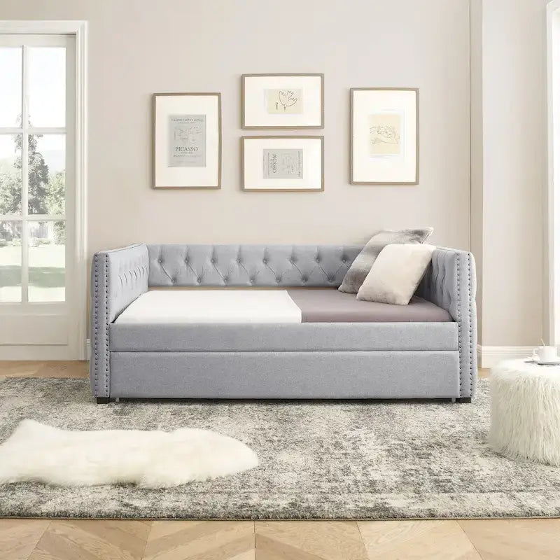 Lit de repos rembourré avec lit gigogne double, beige/gris, capitonné, garniture cloutée, pleine grandeur/double, 2 personnes