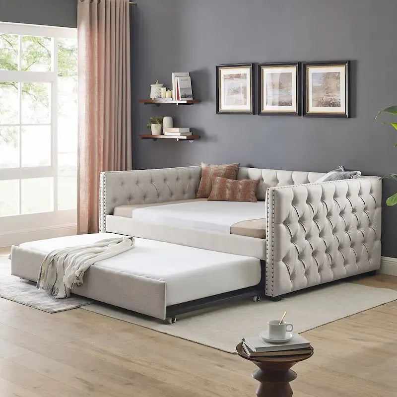 Lit de repos rembourré avec lit gigogne double, beige/gris, capitonné, garniture cloutée, pleine grandeur/double, 2 personnes