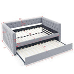 Lit de repos rembourré avec lit gigogne double, beige/gris, capitonné, garniture cloutée, pleine grandeur/double, 2 personnes