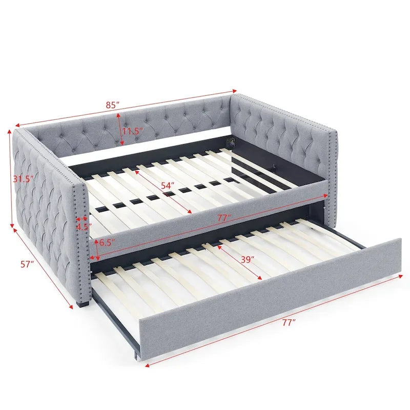 Lit de repos rembourré avec lit gigogne double, beige/gris, capitonné, garniture cloutée, pleine grandeur/double, 2 personnes
