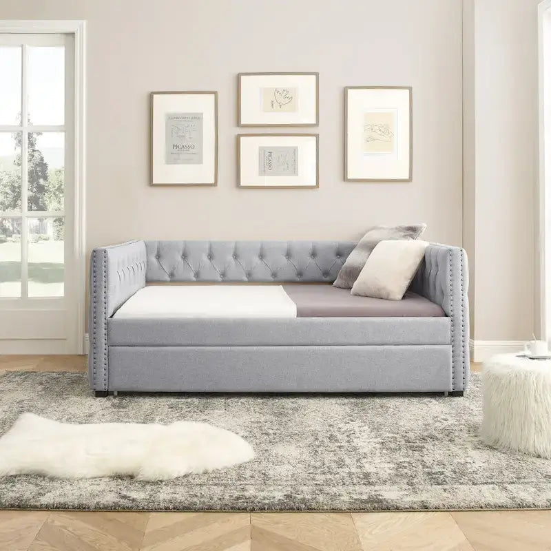 Lit de repos rembourré avec lit gigogne double, beige/gris, capitonné, garniture cloutée, pleine grandeur/double, 2 personnes