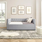 Lit de repos rembourré avec lit gigogne double, beige/gris, capitonné, garniture cloutée, pleine grandeur/double, 2 personnes