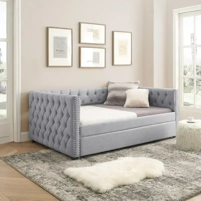 Lit de repos rembourré avec lit gigogne double, beige/gris, capitonné, garniture cloutée, pleine grandeur/double, 2 personnes