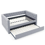 Lit de repos rembourré avec lit gigogne double, beige/gris, capitonné, garniture cloutée, pleine grandeur/double, 2 personnes
