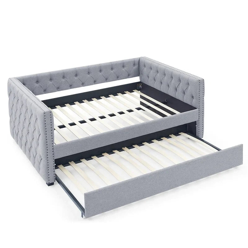 Lit de repos rembourré avec lit gigogne double, beige/gris, capitonné, garniture cloutée, pleine grandeur/double, 2 personnes