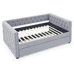 Lit de repos rembourré avec lit gigogne double, beige/gris, capitonné, garniture cloutée, pleine grandeur/double, 2 personnes