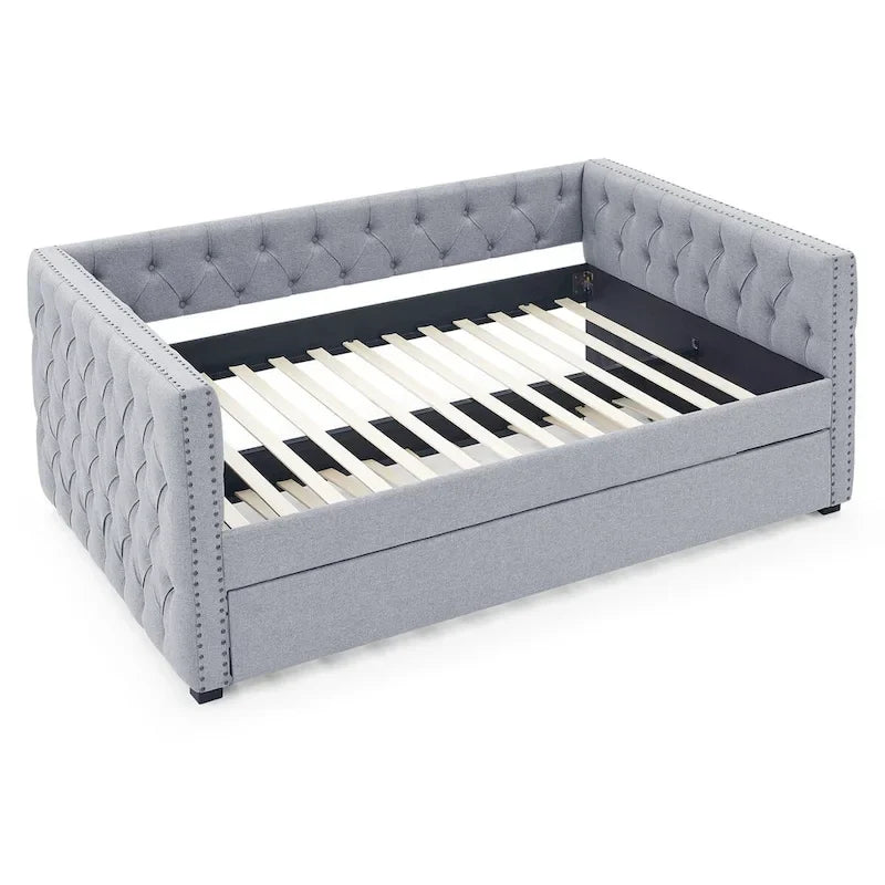 Lit de repos rembourré avec lit gigogne double, beige/gris, capitonné, garniture cloutée, pleine grandeur/double, 2 personnes