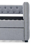 Lit de repos rembourré avec lit gigogne double, beige/gris, capitonné, garniture cloutée, pleine grandeur/double, 2 personnes