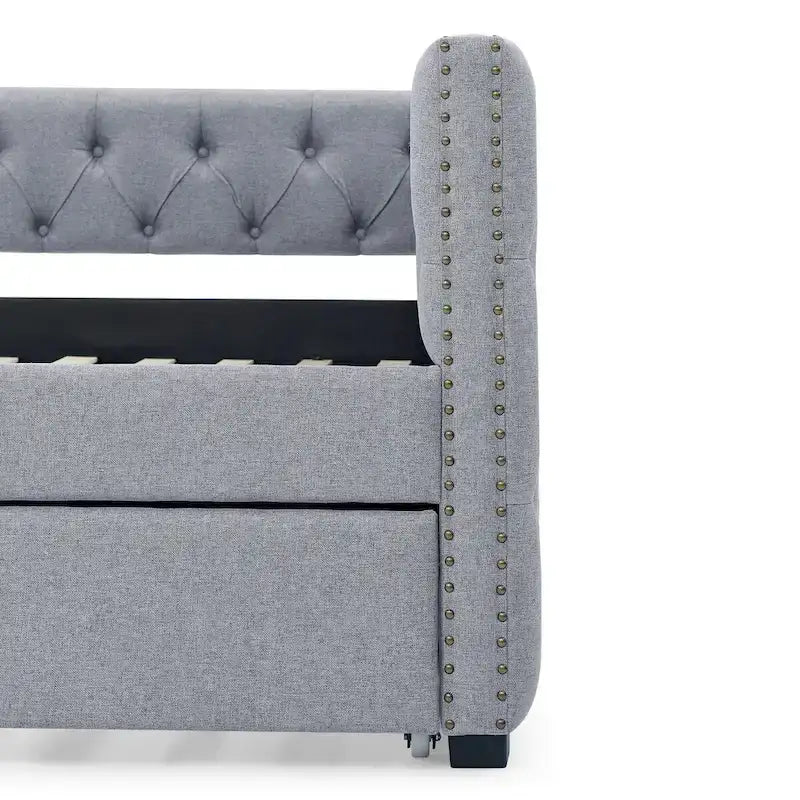 Lit de repos rembourré avec lit gigogne double, beige/gris, capitonné, garniture cloutée, pleine grandeur/double, 2 personnes