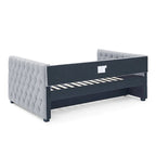 Lit de repos rembourré avec lit gigogne double, beige/gris, capitonné, garniture cloutée, pleine grandeur/double, 2 personnes