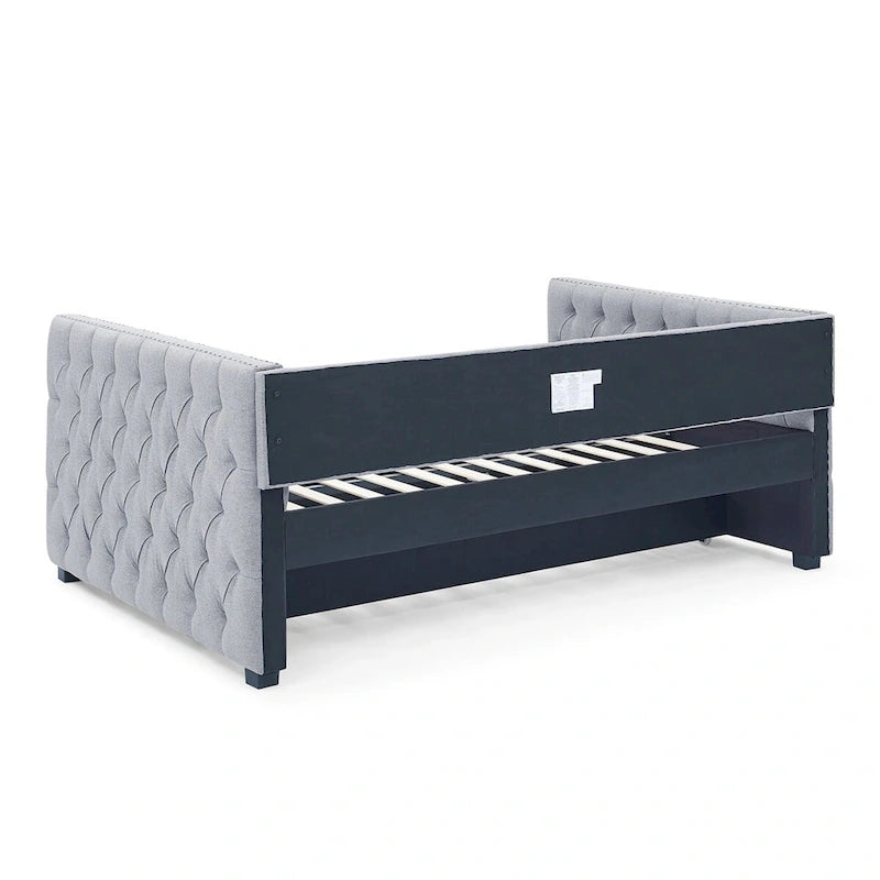 Lit de repos rembourré avec lit gigogne double, beige/gris, capitonné, garniture cloutée, pleine grandeur/double, 2 personnes