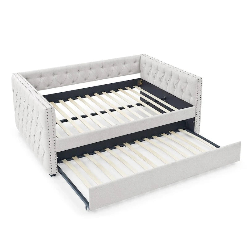 Lit de repos rembourré avec lit gigogne double, beige/gris, capitonné, garniture cloutée, pleine grandeur/double, 2 personnes