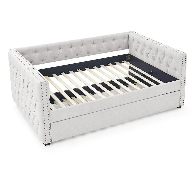 Lit de repos rembourré avec lit gigogne double, beige/gris, capitonné, garniture cloutée, pleine grandeur/double, 2 personnes