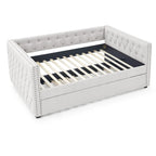 Lit de repos rembourré avec lit gigogne double, beige/gris, capitonné, garniture cloutée, pleine grandeur/double, 2 personnes