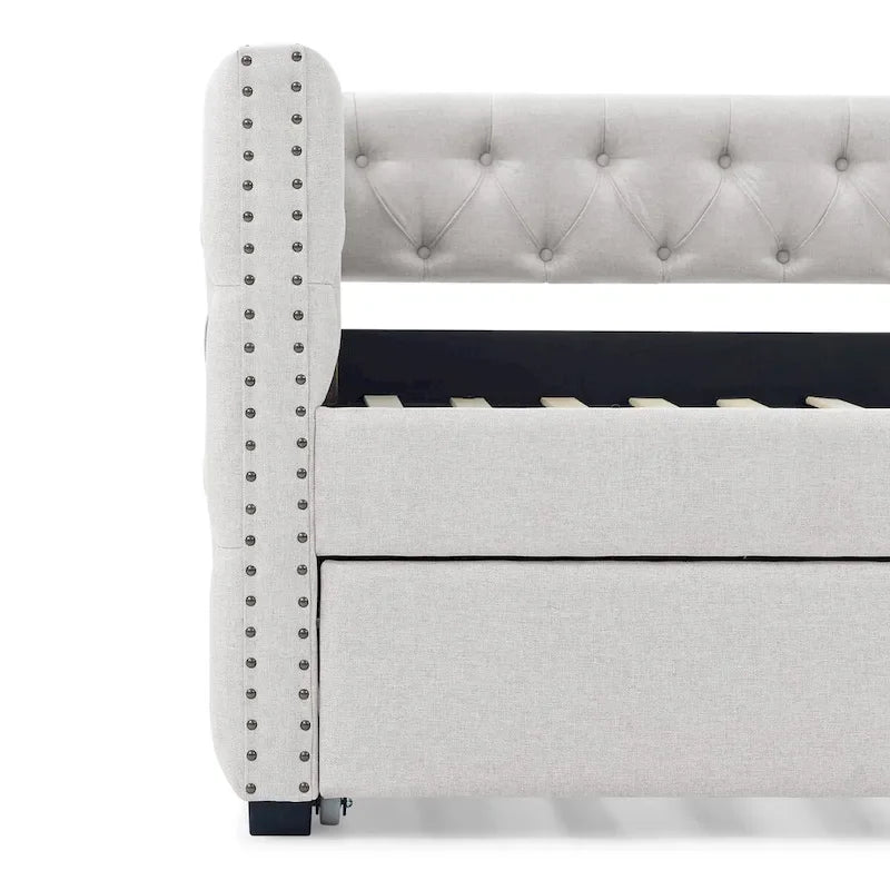 Lit de repos rembourré avec lit gigogne double, beige/gris, capitonné, garniture cloutée, pleine grandeur/double, 2 personnes