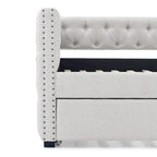 Lit de repos rembourré avec lit gigogne double, beige/gris, capitonné, garniture cloutée, pleine grandeur/double, 2 personnes