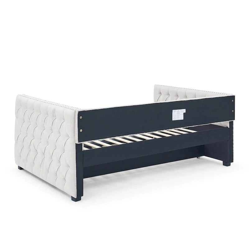 Lit de repos rembourré avec lit gigogne double, beige/gris, capitonné, garniture cloutée, pleine grandeur/double, 2 personnes