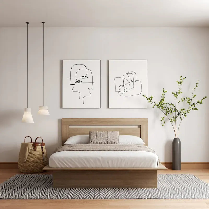 Lit plateforme en bois composite avec chevets et tête de lit larges, Chêne brun / Chêne blond naturel, Style minimaliste, Double / Queen, 2 personnes