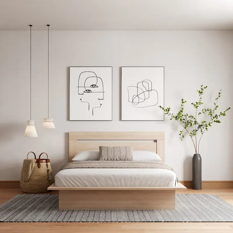 Lit plateforme en bois composite avec chevets et tête de lit larges, Chêne brun / Chêne blond naturel, Style minimaliste, Double / Queen, 2 personnes