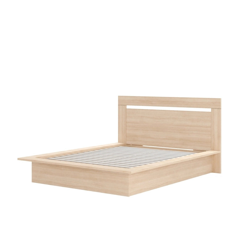 Lit plateforme en bois composite avec chevets et tête de lit larges, Chêne brun / Chêne blond naturel, Style minimaliste, Double / Queen, 2 personnes