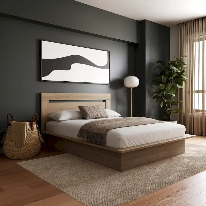 Lit plateforme en bois composite avec chevets et tête de lit larges, Chêne brun / Chêne blond naturel, Style minimaliste, Double / Queen, 2 personnes