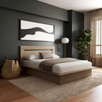 Lit plateforme en bois composite avec chevets et tête de lit larges, Chêne brun / Chêne blond naturel, Style minimaliste, Double / Queen, 2 personnes