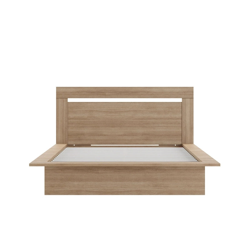 Lit plateforme en bois composite avec chevets et tête de lit larges, Chêne brun / Chêne blond naturel, Style minimaliste, Double / Queen, 2 personnes