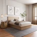 Lit plateforme en bois composite avec chevets et tête de lit larges, Chêne brun / Chêne blond naturel, Style minimaliste, Double / Queen, 2 personnes