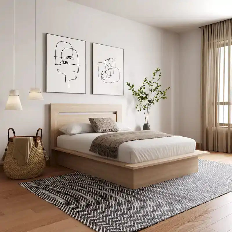 Lit plateforme en bois composite avec chevets et tête de lit larges, Chêne brun / Chêne blond naturel, Style minimaliste, Double / Queen, 2 personnes