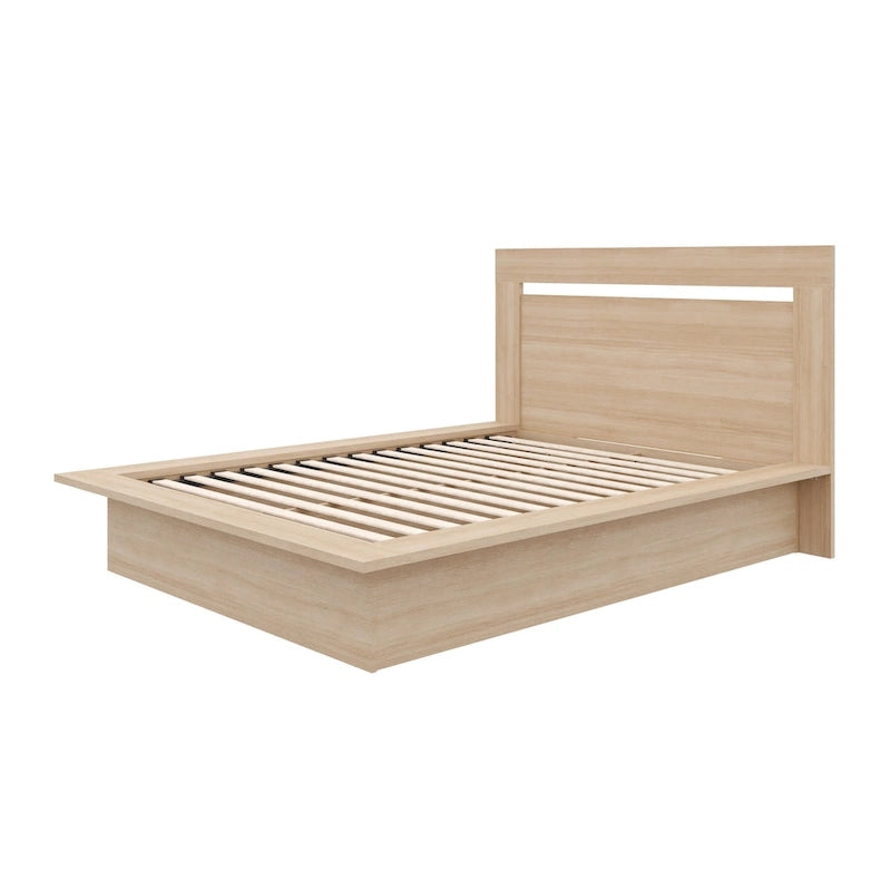 Lit plateforme en bois composite avec chevets et tête de lit larges, Chêne brun / Chêne blond naturel, Style minimaliste, Double / Queen, 2 personnes