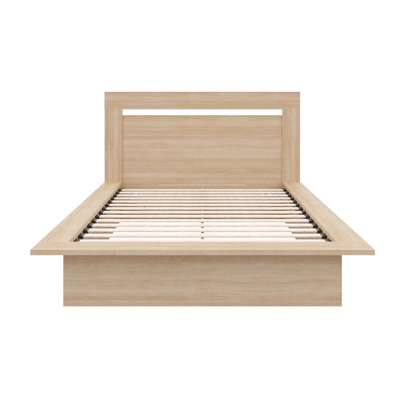 Lit plateforme en bois composite avec chevets et tête de lit larges, Chêne brun / Chêne blond naturel, Style minimaliste, Double / Queen, 2 personnes
