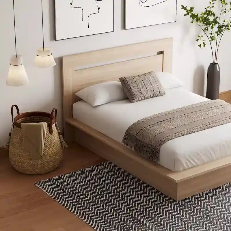 Lit plateforme en bois composite avec chevets et tête de lit larges, Chêne brun / Chêne blond naturel, Style minimaliste, Double / Queen, 2 personnes
