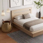Lit plateforme en bois composite avec chevets et tête de lit larges, Chêne brun / Chêne blond naturel, Style minimaliste, Double / Queen, 2 personnes