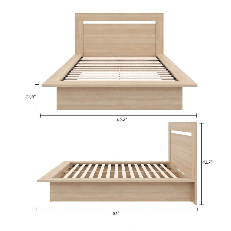 Lit plateforme en bois composite avec chevets et tête de lit larges, Chêne brun / Chêne blond naturel, Style minimaliste, Double / Queen, 2 personnes