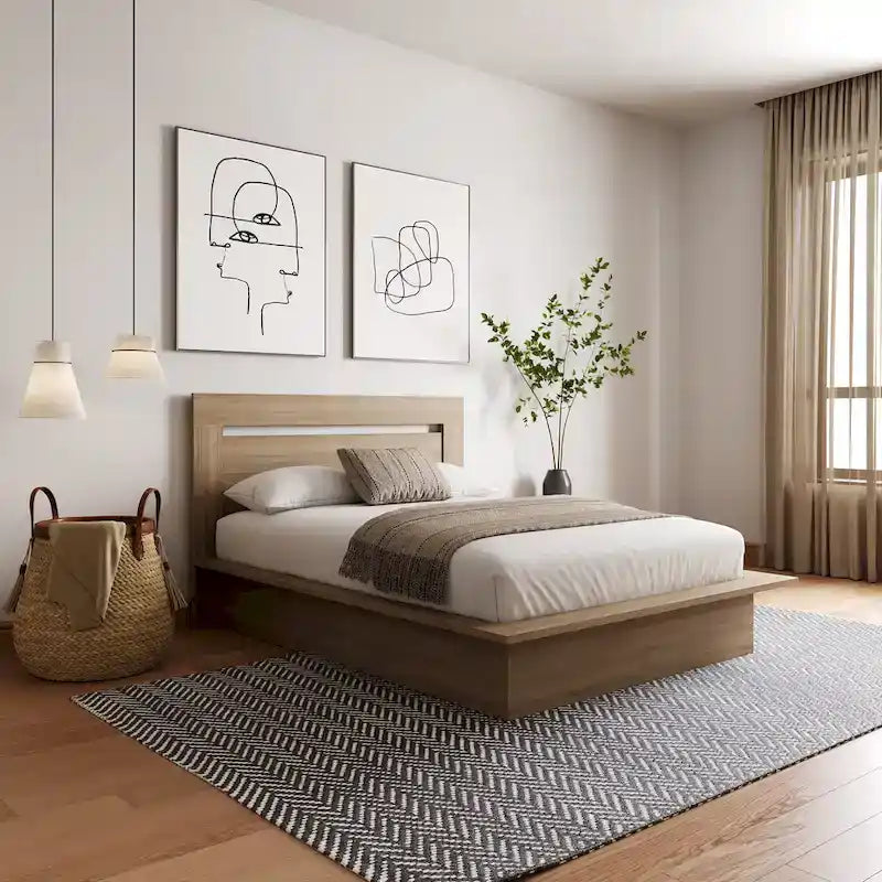Lit plateforme en bois composite avec chevets et tête de lit larges, Chêne brun / Chêne blond naturel, Style minimaliste, Double / Queen, 2 personnes