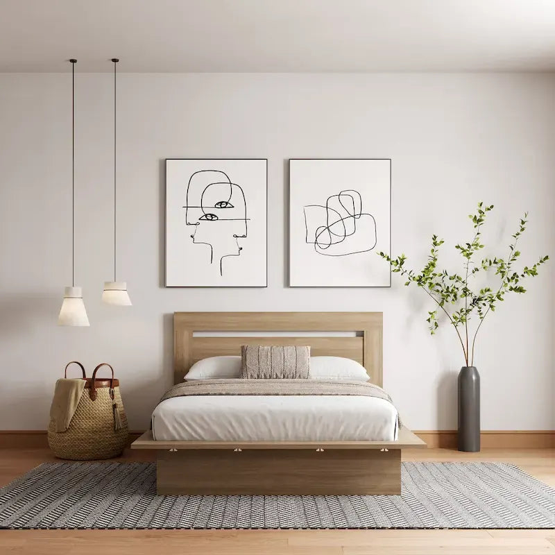 Lit plateforme en bois composite avec chevets et tête de lit larges, Chêne brun / Chêne blond naturel, Style minimaliste, Double / Queen, 2 personnes