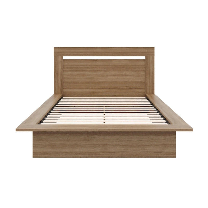 Lit plateforme en bois composite avec chevets et tête de lit larges, Chêne brun / Chêne blond naturel, Style minimaliste, Double / Queen, 2 personnes