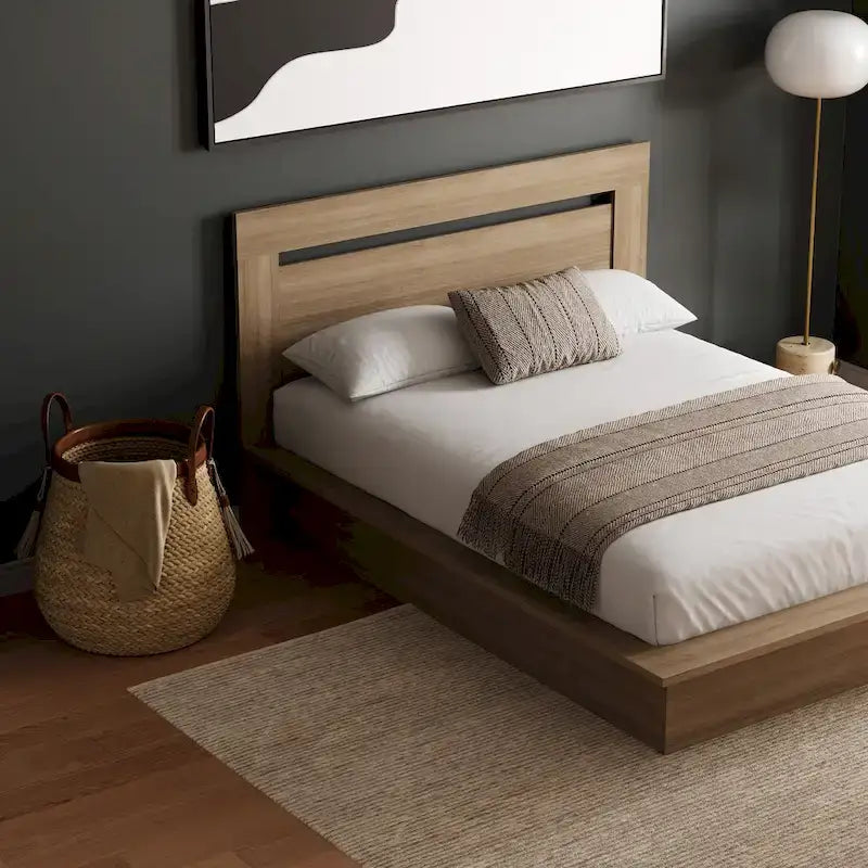 Lit plateforme en bois composite avec chevets et tête de lit larges, Chêne brun / Chêne blond naturel, Style minimaliste, Double / Queen, 2 personnes