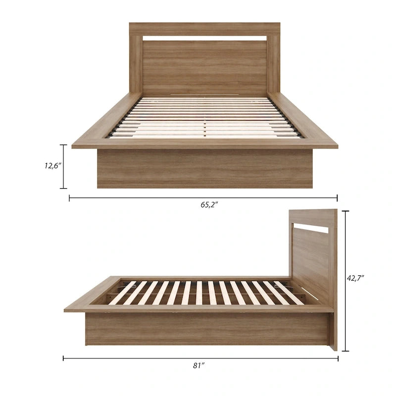 Lit plateforme en bois composite avec chevets et tête de lit larges, Chêne brun / Chêne blond naturel, Style minimaliste, Double / Queen, 2 personnes