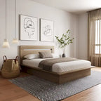 Lit plateforme en bois composite avec chevets et tête de lit larges, Chêne brun / Chêne blond naturel, Style minimaliste, Double / Queen, 2 personnes