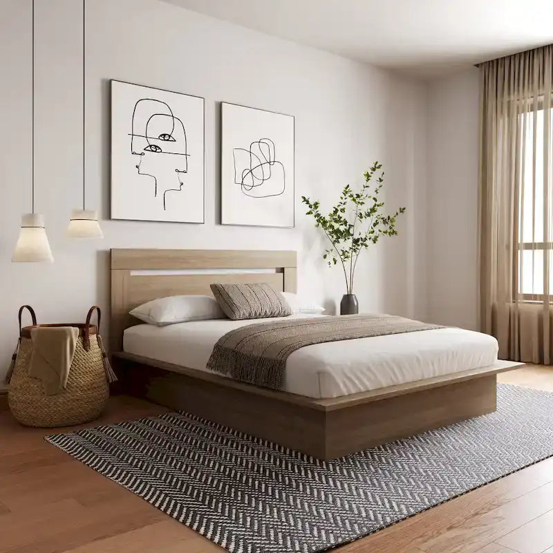 Lit plateforme en bois composite avec chevets et tête de lit larges, Chêne brun / Chêne blond naturel, Style minimaliste, Double / Queen, 2 personnes