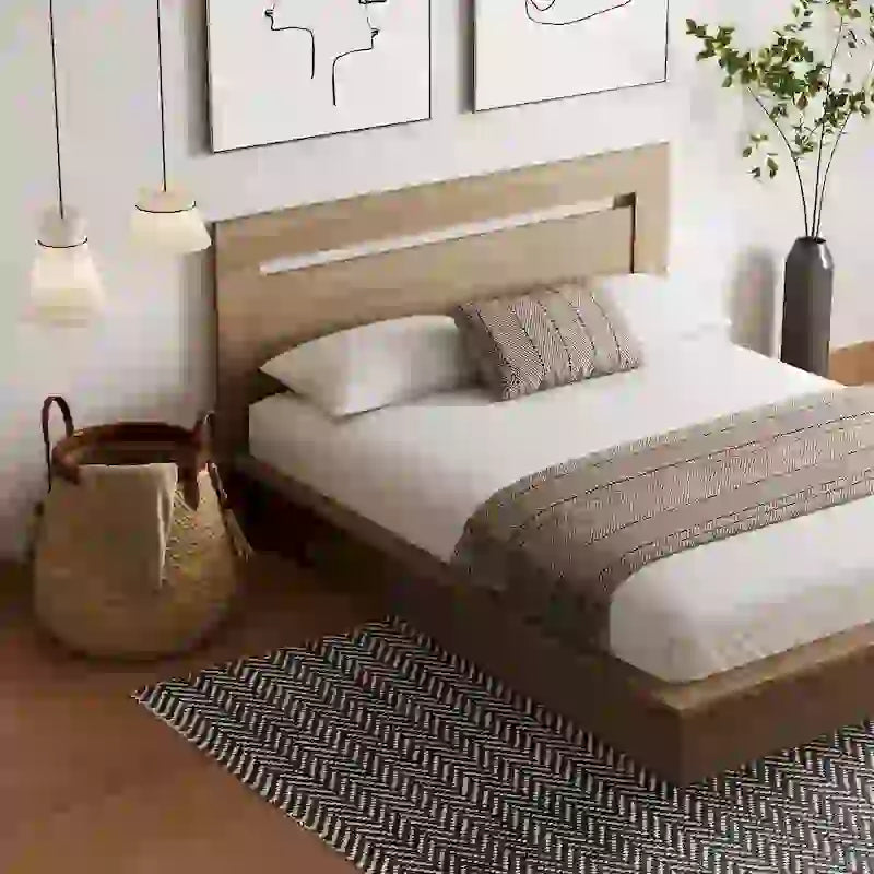 Lit plateforme en bois composite avec chevets et tête de lit larges, Chêne brun / Chêne blond naturel, Style minimaliste, Double / Queen, 2 personnes