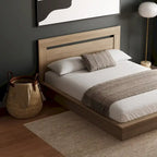 Lit plateforme en bois composite avec chevets et tête de lit larges, Chêne brun / Chêne blond naturel, Style minimaliste, Double / Queen, 2 personnes