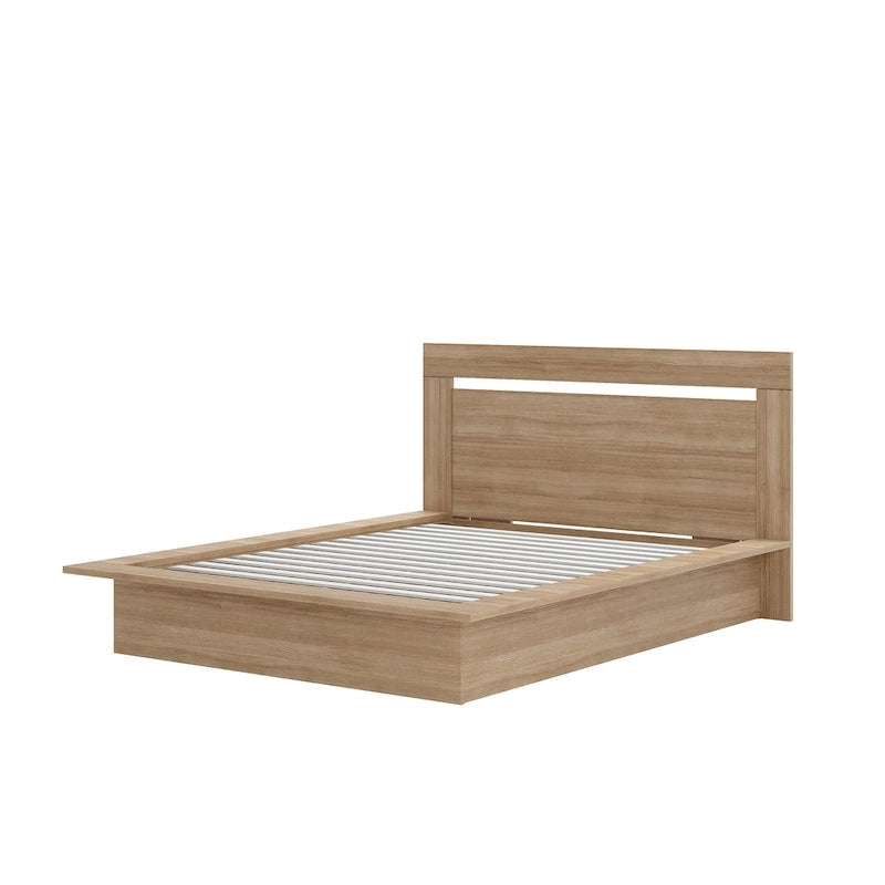 Lit plateforme en bois composite avec chevets et tête de lit larges, Chêne brun / Chêne blond naturel, Style minimaliste, Double / Queen, 2 personnes