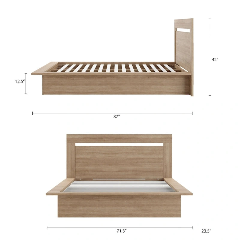 Lit plateforme en bois composite avec chevets et tête de lit larges, Chêne brun / Chêne blond naturel, Style minimaliste, Double / Queen, 2 personnes