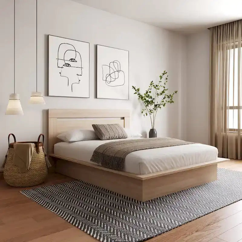Lit plateforme en bois composite avec chevets et tête de lit larges, Chêne brun / Chêne blond naturel, Style minimaliste, Double / Queen, 2 personnes